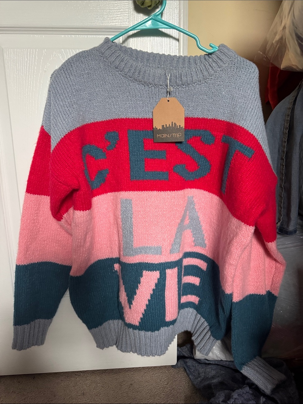 Main Strip Colorblock C'EST LA VIE Knit Sweater - Gray, Red, Pink, Teal